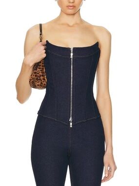 EB Denim Claire Corset in dark blue denim with zipper in front, strapless!